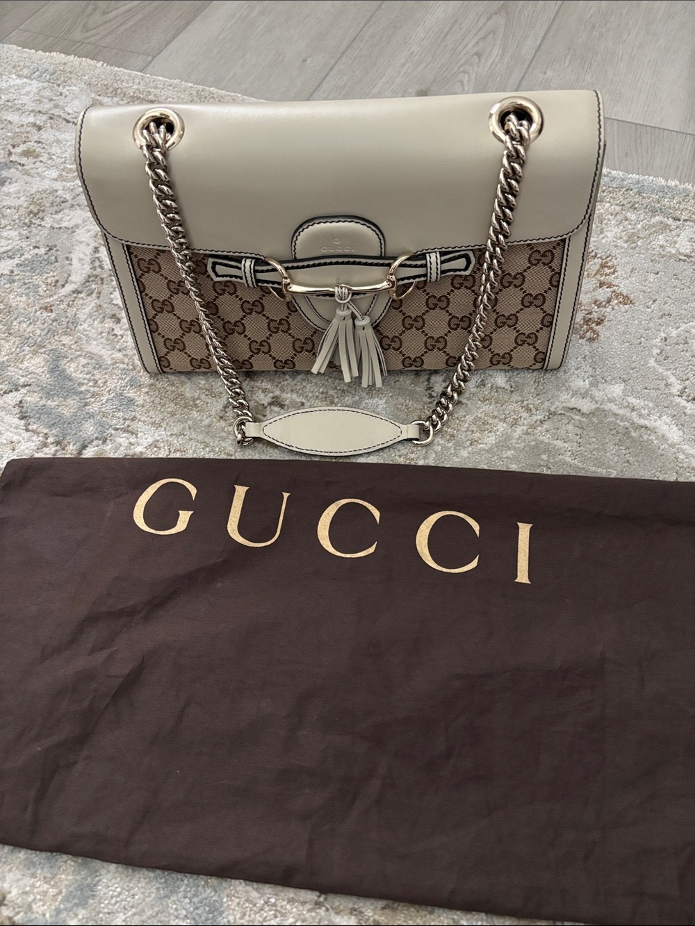Gucci Ivory and Beige GG Supreme Shoulder Bag with Tassel